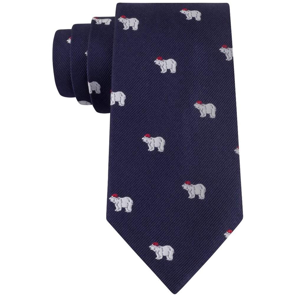 TOMMY HILFIGER Navy Blue Polar Bear Santa Hat Christmas Silk Twill Classic Tie